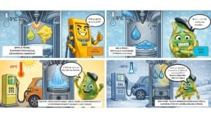 Illustration comparant le Superéthanol-E85 été et hiver selon les températures et les conditions de démarrage.