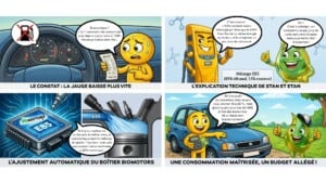 BD explicative sur la consommation à l’E85, le rôle du boîtier Biomotors et les économies réalisées malgré une consommation légèrement plus élevée