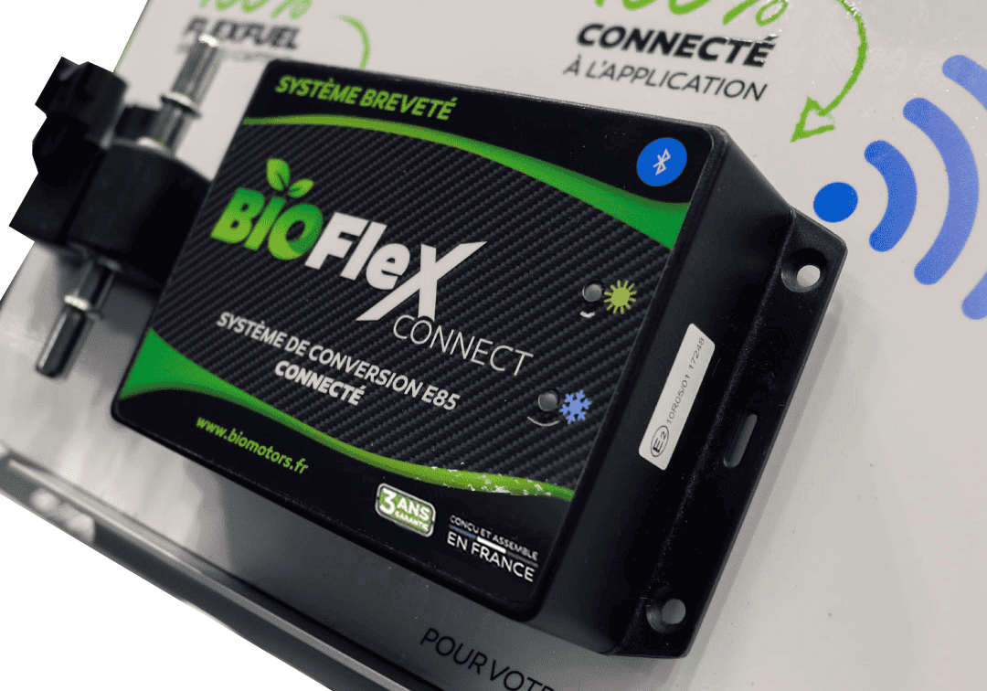 Boîtier BIOFlex Connect Biomotors présenté avec la connexion à l’application mobile.